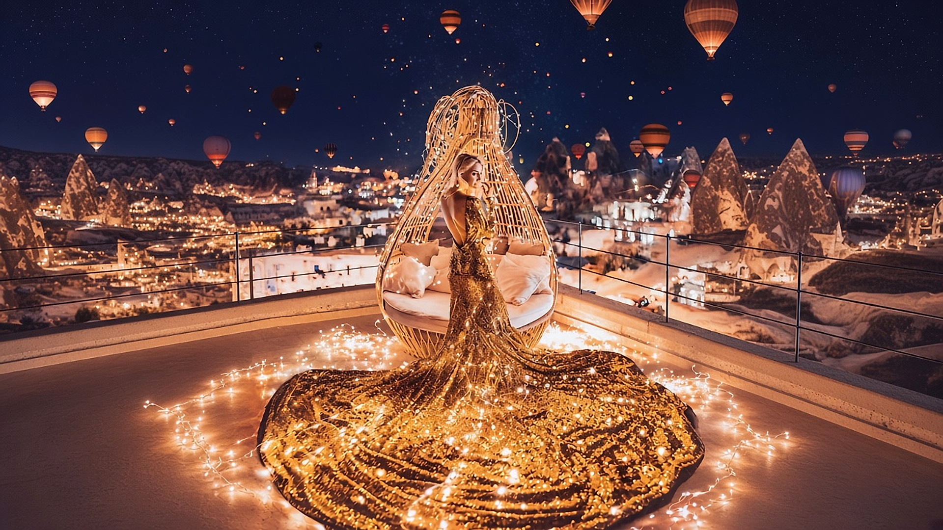 Guest in a gold gown on a terrace at night with hanging chair, fairy lights, and hot air balloons over Göreme from The Owl Cave Hotel
